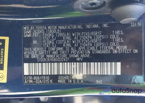 2011 Toyota Highlander Base V6 from USA, damaged, VIN 5TDZK3EH5BS032427